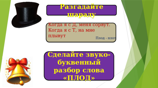 Разгадайте шараду Когда я с Д, меня сорвут. Когда я с Т, на мне плывут  Плод - плот Сделайте звуко-буквенный разбор слова «ПЛОД»