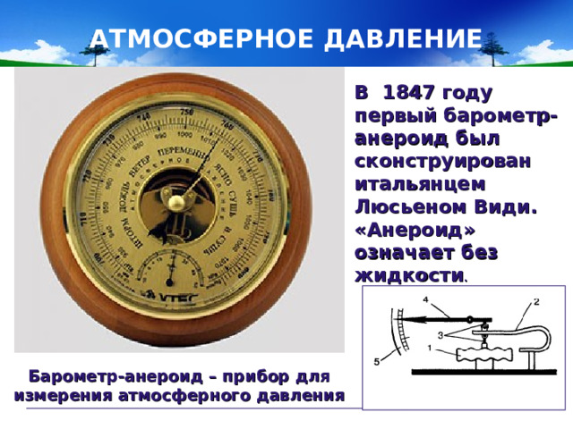 АТМОСФЕРНОЕ ДАВЛЕНИЕ В 1847 году первый барометр- анероид был сконструирован итальянцем Люсьеном Види. «Анероид» означает без жидкости .  Барометр-анероид – прибор для измерения атмосферного давления