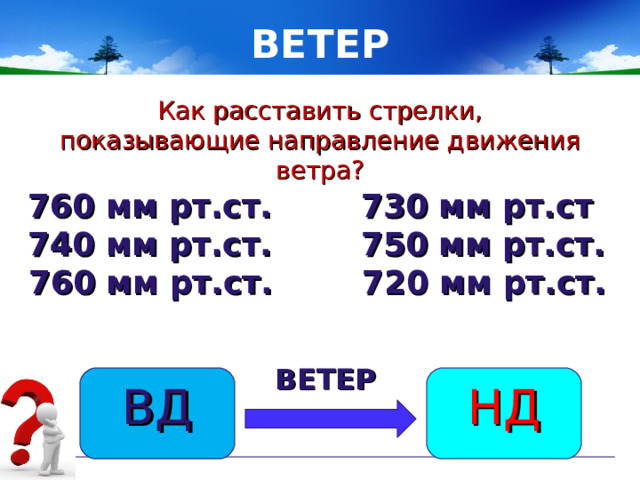 ВЕТЕР Как расставить стрелки, показывающие направление движения ветра? 760 мм рт.ст. 730 мм рт.ст 740 мм рт.ст. 750 мм рт.ст. 760 мм рт.ст. 720 мм рт.ст. ВЕТЕР ВД НД