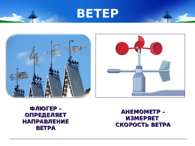 ВЕТЕР ФЛЮГЕР – ОПРЕДЕЛЯЕТ НАПРАВЛЕНИЕ ВЕТРА АНЕМОМЕТР – ИЗМЕРЯЕТ СКОРОСТЬ ВЕТРА