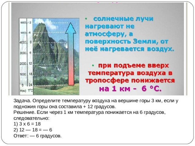 Задача. Определите температуру воздуха на вершине горы 3 км, если у подножия горы она составила + 12 градусов. Решение. Если через 1 км температура понижается на 6 градусов, следовательно: 1) 3 х 6 = 18 2) 12 — 18 = — 6 Ответ: — 6 градусов.