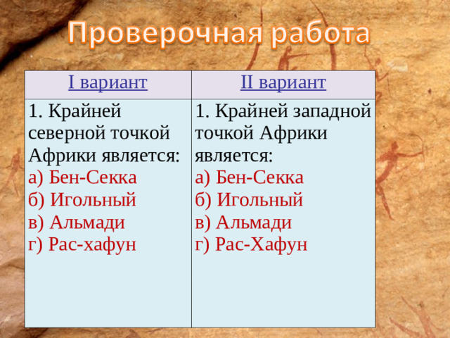 I вариант II вариант 1. Крайней северной точкой Африки является: а) Бен-Секка б) Игольный в) Альмади г) Рас-хафун 1. Крайней западной точкой Африки является: а) Бен-Секка б) Игольный в) Альмади г) Рас-Хафун