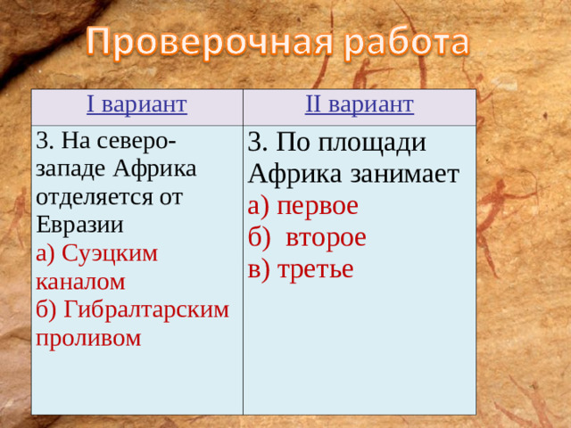 I вариант II вариант 3. На северо-западе Африка отделяется от Евразии а) Суэцким каналом б) Гибралтарским проливом 3. По площади Африка занимает а) первое б) второе в) третье