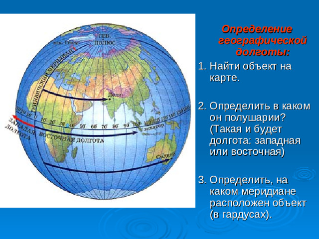 Определение географической долготы: 1. Найти объект на карте. 2. Определить в каком он полушарии? (Такая и будет долгота: западная или восточная) 3. Определить, на каком меридиане расположен объект (в гардусах).