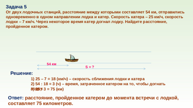 Задача 5 От двух лодочных станций, расстояние между которыми составляет 54 км, отправились одновременно в одном направлении лодка и катер. Скорость катера – 25 км/ч, скорость лодки – 7 км/ч. Через некоторое время катер догнал лодку. Найдите расстояние, пройденное катером . 54 км S = ? Решение: 1) 25 – 7 = 18 (км/ч) – скорость сближения лодки и катера 2) 54 : 18 = 3 (ч) – время, затраченное катером на то, чтобы догнать лодку. 3) 25 * 3 = 75 (км) Ответ: расстояние, пройденное катером до момента встречи с лодкой, составляет 75 километров.