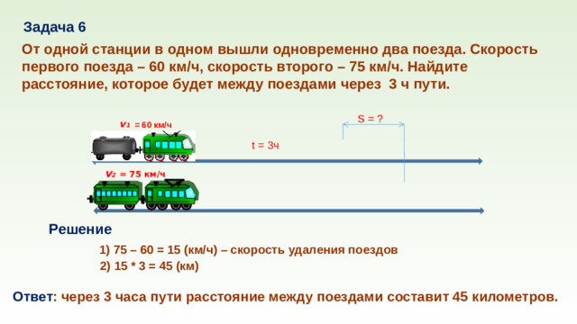 Задача 6 От одной станции в одном вышли одновременно два поезда. Скорость первого поезда – 60 км/ч, скорость второго – 75 км/ч. Найдите расстояние, которое будет между поездами через 3 ч пути. S = ? v 1 = 60 км/ч t = 3ч v 2  = 75 км/ч Решение 1) 75 – 60 = 15 (км/ч) – скорость удаления поездов 2) 15 * 3 = 45 (км) Ответ : через 3 часа пути расстояние между поездами составит 45 километров.