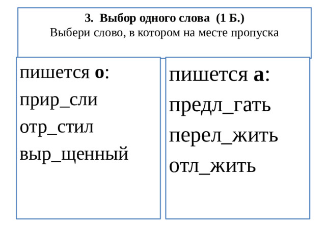 3.  Выбор одного слова  (1 Б.)  Выбери слово, в котором на месте пропуска   пишется  о :  пишется  а :  прир_сли предл_гать отр_стил перел_жить выр_щенный отл_жить