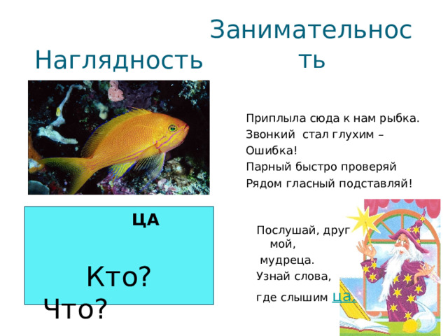 Наглядность Занимательност ь Приплыла сюда к нам рыбка. Звонкий стал глухим – Ошибка! Парный быстро проверяй Рядом гласный подставляй!  ЦА  Кто? Что? Послушай, друг мой,  мудреца. Узнай слова, где слышим ца. 13 13
