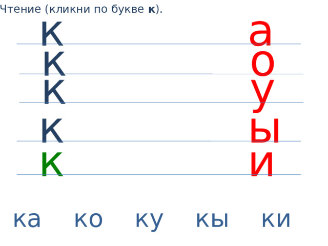 Чтение (кликни по букве к ). к а о к к у к ы и к ка ко ку кы ки