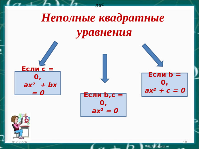 ax 2 ax 2  Неполные квадратные  уравнения Если с  =  0 ,   ax 2   + b х  = 0 Если b =  0 , ax 2  + c = 0 Если b, с  =  0 ,  ax 2  = 0 01/10/26