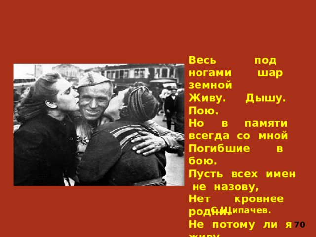 Весь под ногами шар земной Живу. Дышу. Пою. Но в памяти всегда со мной Погибшие в бою. Пусть всех имен не назову, Нет кровнее родни. Не потому ли я живу, Что умерли они? С.Щипачев. 70