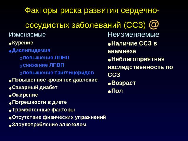 Факторы риска развития сердечно-сосудистых заболеваний (ССЗ) @ Изменяемые Неизменяемые