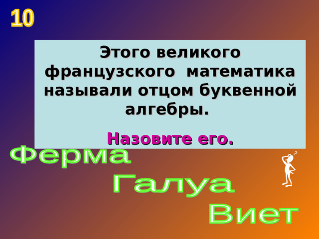 Этого великого французского математика называли отцом буквенной алгебры. Назовите его.