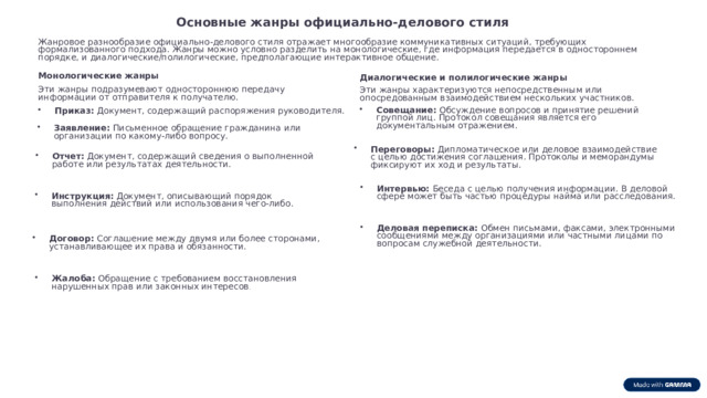 Основные жанры официально-делового стиля Жанровое разнообразие официально-делового стиля отражает многообразие коммуникативных ситуаций, требующих формализованного подхода. Жанры можно условно разделить на монологические, где информация передается в одностороннем порядке, и диалогические/полилогические, предполагающие интерактивное общение. Монологические жанры Диалогические и полилогические жанры Эти жанры подразумевают одностороннюю передачу информации от отправителя к получателю. Эти жанры характеризуются непосредственным или опосредованным взаимодействием нескольких участников.
