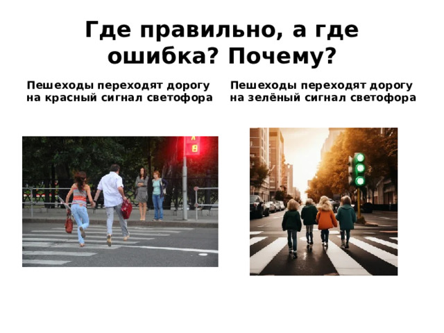 Где правильно, а где ошибка? Почему? Пешеходы переходят дорогу на красный сигнал светофора Пешеходы переходят дорогу на зелёный сигнал светофора