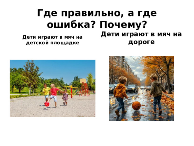 Где правильно, а где ошибка? Почему? Дети играют в мяч на детской площадке Дети играют в мяч на дороге