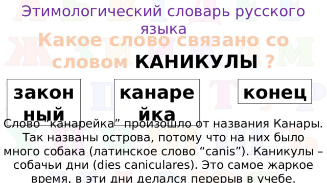 Этимологический словарь русского языка Какое слово связано со словом КАНИКУЛЫ ? законный канарейка конец Слово “канарейка” произошло от названия Канары. Так названы острова, потому что на них было много собака (латинское слово “canis”). Каникулы – собачьи дни (dies caniculares). Это самое жаркое время, в эти дни делался перерыв в учебе.