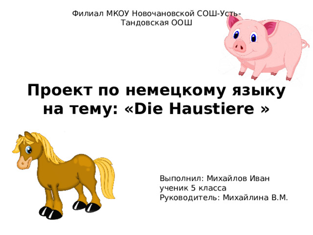 Филиал МКОУ Новочановской СОШ-Усть-Тандовская ООШ Проект по немецкому языку на тему: «Die Haustiere » Выполнил: Михайлов Иван ученик 5 класса Руководитель: Михайлина В.М.    