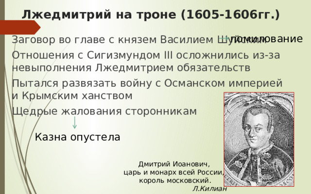 Лжедмитрий на троне (1605-1606гг.) помилование Заговор во главе с князем Василием Шуйским Отношения с Сигизмундом III осложнились из-за невыполнения Лжедмитрием обязательств Пытался развязать войну с Османском империей и Крымским ханством Щедрые жалования сторонникам Казна опустела Дмитрий Иоанович, царь и монарх всей России, король московский. Л.Килиан