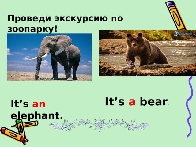 Проведи экскурсию по зоопарку! It’s a bear . It’s an elephant.