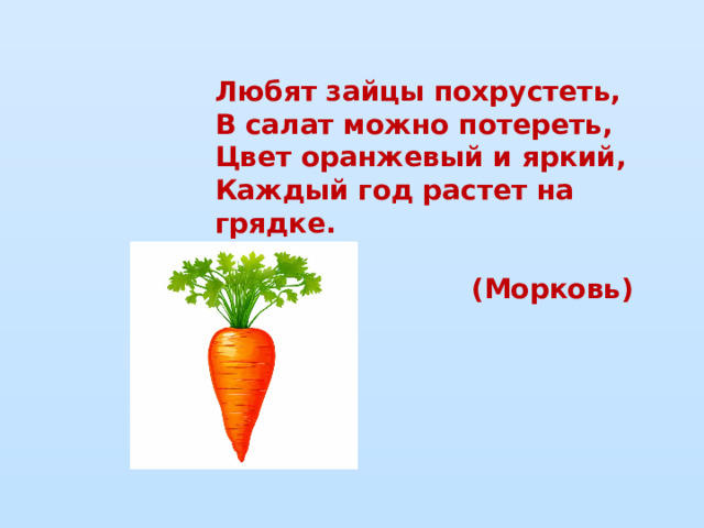 Любят зайцы похрустеть,  В салат можно потереть,  Цвет оранжевый и яркий,  Каждый год растет на грядке.  (Морковь)