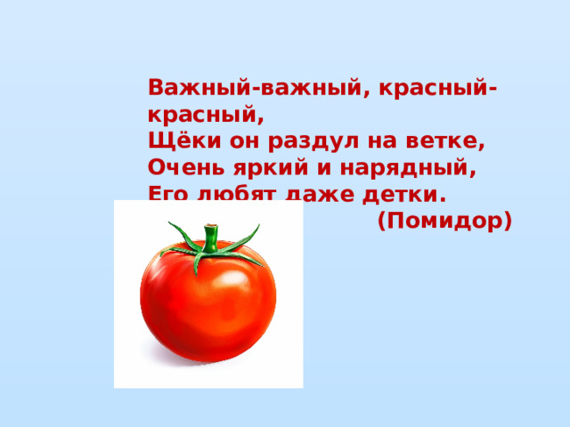 Важный-важный, красный-красный,  Щёки он раздул на ветке,  Очень яркий и нарядный,  Его любят даже детки. (Помидор)