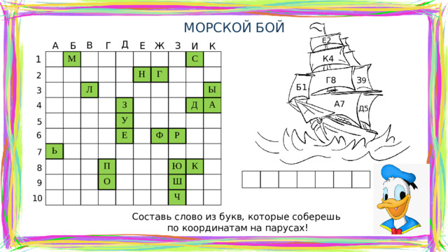 МОРСКОЙ БОЙ Е2 Д В Е З А Ж Г Б К И К4 1 М Л Н Ь Г З У С Е П Ы Ф Д О А Р Ю К Ш Ч 2 З 9 Г8 Б1 3 А7 4 Д5 5 6 7 8 9 10 Составь слово из букв, которые соберешь по координатам на парусах!