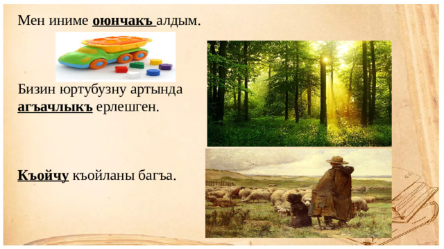 Мен иниме оюнчакъ алдым. Бизин юртубузну артында агъачлыкъ ерлешген. Къойчу къойланы багъа.