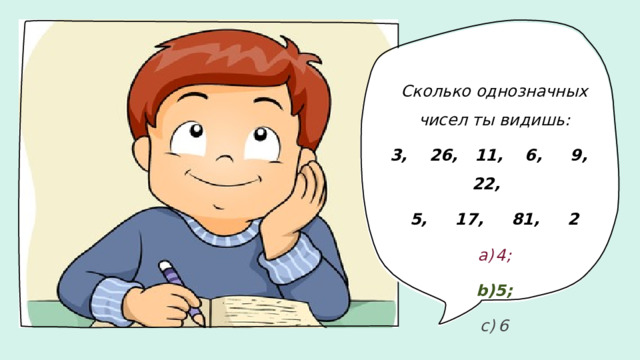 Сколько однозначных чисел ты видишь: 3,    26,   11,    6,     9,     22,     5,     17,     81,     2