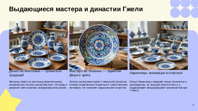 Выдающиеся мастера и династии Гжели  Ларионовы: инновации в классике Мастерство Липиных — гармония форм и цвета Династия Масловых — хранители традиций Семья Ларионовых внедряет новые технологии в производство, не нарушая аутентичности, и поддерживает международное признание бренда «Гжель». Масловы известны как семья ремесленников, сохраняющих технику ручной росписи. Их вклад в развитие гжели признан на федеральном уровне. Липины экспериментируют с авторской росписью, сочетая современные тенденции с классическими мотивами, что оживляет традиционное искусство. 7