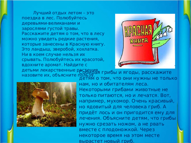 Лучший отдых летом – это поездка в лес. Полюбуйтесь деревьями-великанами и зарослями густой травы. Расскажите детям о том, что в лесу можно увидеть редкие растения, которые занесены в Красную книгу. Это ландыш, зверобой, хохлатка. Ни в коем случае нельзя их срывать. Полюбуйтесь их красотой, вдохните аромат. Найдите с детьми лекарственные растения, назовите их, объясните пользу. Собирая грибы и ягоды, расскажите детям о том, что они нужны не только нам, но и обитателям леса. Некоторыми грибами животные не только питаются, но и лечатся. Вот, например, мухомор. Очень красивый, но ядовитый для человека гриб. А придёт лось и он пригодится ему для лечения. Объясните детям, что грибы нужно срезать ножом, а не рвать вместе с плодоножкой. Через некоторое время на этом месте вырастет новый гриб.  