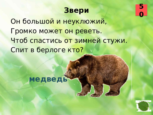 50 Звери   Он большой и неуклюжий, Громко может он реветь. Чтоб спастись от зимней стужи. Спит в берлоге кто?  медведь 14