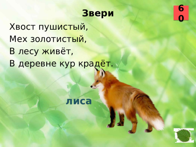 60 Звери   Хвост пушистый, Мех золотистый, В лесу живёт, В деревне кур крадёт.  лиса 15