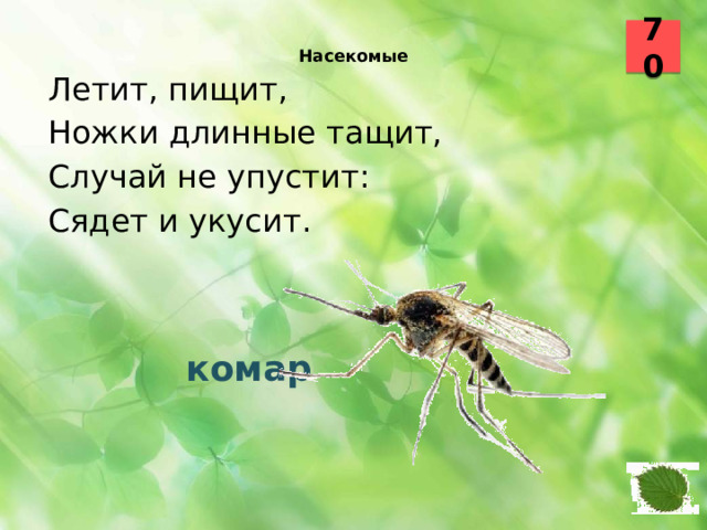 70  Насекомые    Летит, пищит, Ножки длинные тащит, Случай не упустит: Сядет и укусит.  комар 23