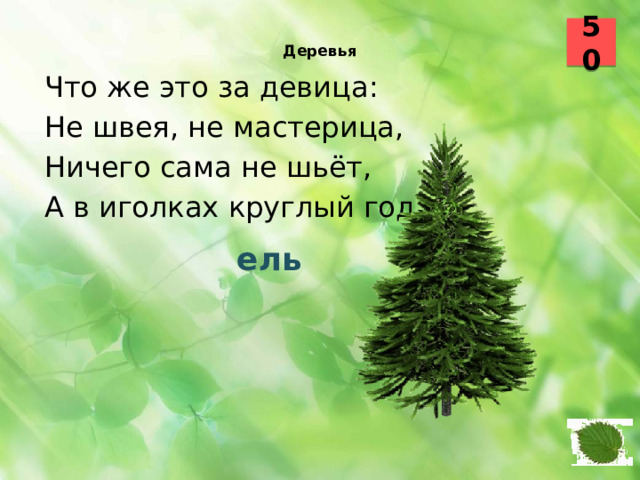 50  Деревья    Что же это за девица: Не швея, не мастерица, Ничего сама не шьёт, А в иголках круглый год.  ель 28