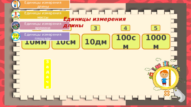 Единицы измерения длины Единицы измерения массы Единицы измерения времени Единицы измерения площади Единицы измерения длины 4 1 5 3 2 10мм 1см = ?мм 10дм 1дм = ?см 10см 1000м 1м = ?дм 1м = ?см 100см 1км = ?м Задачи