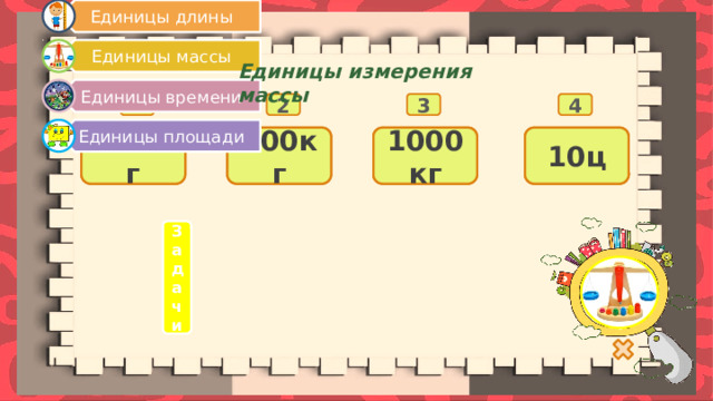 Единицы длины Единицы массы Единицы времени Единицы площади Единицы  измерения массы 2 3 4 1 1000г 1кг = ?г 10ц 1т = ?ц 1000кг 1т = ?кг 100кг 1ц = ?кг Задачи