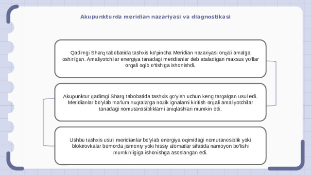 Akupunkturda meridian nazariyasi va diagnostikasi Qadimgi Sharq tabobatida tashxis ko'pincha Meridian nazariyasi orqali amalga oshirilgan. Amaliyotchilar energiya tanadagi meridianlar deb ataladigan maxsus yo'llar orqali oqib o'tishiga ishonishdi. Akupunktur qadimgi Sharq tabobatida tashxis qo'yish uchun keng tarqalgan usul edi. Meridianlar bo'ylab ma'lum nuqtalarga nozik ignalarni kiritish orqali amaliyotchilar tanadagi nomutanosibliklarni aniqlashlari mumkin edi. Ushbu tashxis usuli meridianlar bo'ylab energiya oqimidagi nomutanosiblik yoki blokirovkalar bemorda jismoniy yoki hissiy alomatlar sifatida namoyon bo'lishi mumkinligiga ishonishga asoslangan edi.