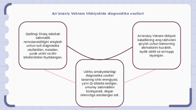 An'anaviy Vetnam tibbiyotida diagnostika usullari Qadimgi Sharq tabobati salomatlik nomutanosibligini aniqlash uchun turli diagnostika usullaridan, masalan, yurak urishi va tilni tekshirishdan foydalangan. An'anaviy Vetnam tibbiyoti kasallikning aniq tashxisini qo'yish uchun bemorning alomatlarini kuzatish, siydik tahlili va so'roqqa tayangan. Ushbu amaliyotlardagi diagnostika usullari tananing ichki energiyasi, ya'ni Qi sifatida tanilgan, umumiy salomatlikni boshqaradi, degan ishonchga asoslangan edi.