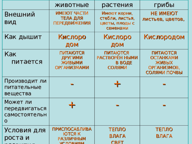 животные Внешний вид ИМЕЮТ ЧАСТИ ТЕЛА ДЛЯ ПЕРЕДВИЖЕНИЯ Как дышит растения грибы Имеют корни, стебли, листья, цветы, плоды с семенами Кислоро дом Как питается Производит ли питательные вещества НЕ ИМЕЮТ листьев, цветов, Кислоро дом ПИТАЮТСЯ ДРУГИМИ ЖИВЫМИ ОРГАНИЗМАМИ Может ли передвигаться самостоятельно - ПИТАЮТСЯ РАСТВОРЁН НЫМИ В ВОДЕ СОЛЯМИ Кислородом Условия для роста и развития ПИТАЮТСЯ ОСТАНКАМИ ЖИВЫХ ОРГАНИЗМОВ, СОЛЯМИ ПОЧВЫ + + - - ПРИСПОСАБЛИВАЮТСЯ К РАЗЛИЧНЫМ УСЛОВИЯМ ТЕПЛО ВЛАГА СВЕТ - ТЕПЛО ВЛАГА
