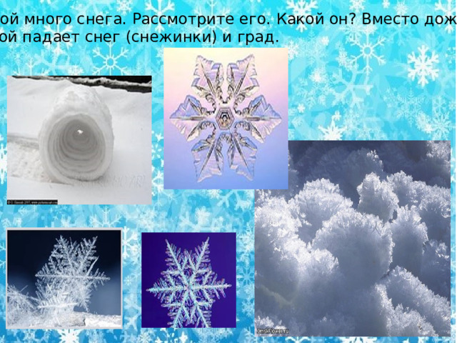 Зимой много снега. Рассмотрите его. Какой он? Вместо дождя зимой падает снег (снежинки) и град.