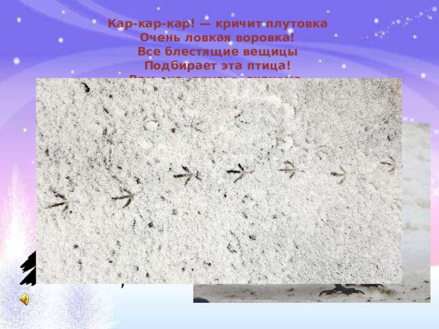 Кар-кар-кар! — кричит плутовка  Очень ловкая воровка!  Все блестящие вещицы  Подбирает эта птица!  Вам она, друзья, знакома,  Как ее зовут?