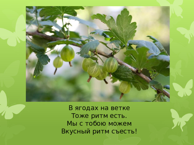 В ягодах на ветке Тоже ритм есть. Мы с тобою можем Вкусный ритм съесть!