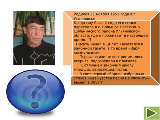 Родился 21 ноября 1951 года в г. Ульяновске. Когда ему было 2 года его семья переехала в с. Большое Нагаткино Цильнинского района Ульяновской области, где и проживает в настоящее время. П  Писать начал в 14 лет. Печатался в районной газете, в то время «Заря коммунизма».  Первые стихи не воспринимались всерьёз, подозревали в плагиате.  С отличием закончил школу младших авиаспециалистов.  В свет первый сборник избранных стихов «Без чувства песни не сложить» вышел в 2007 г Александр Николаевич Сидоров