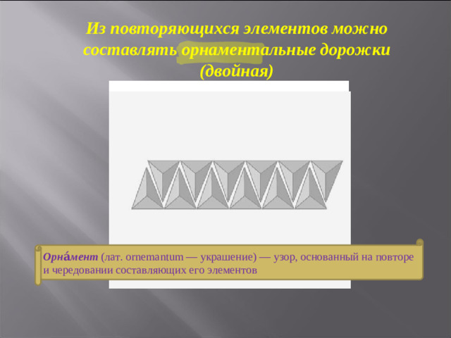 Из повторяющихся элементов можно составлять орнаментальные дорожки (двойная)  Орна́мент (лат. ornemantum — украшение) — узор, основанный на повторе и чередовании составляющих его элементов