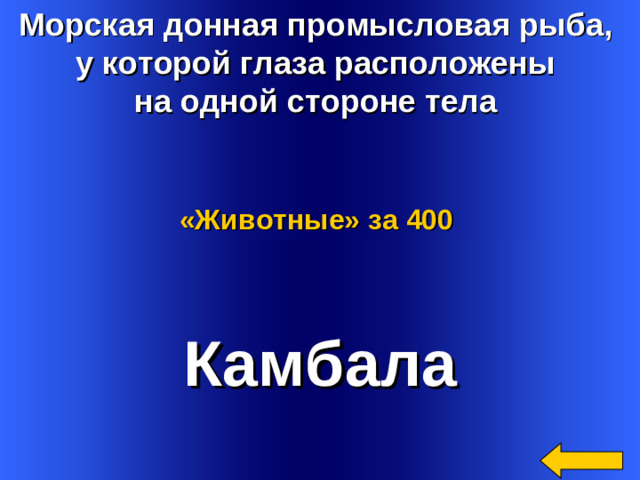 Морская донная промысловая рыба, у которой глаза расположены на одной стороне тела «Животные»  за 400 Камбала Welcome to Power Jeopardy   © Don Link, Indian Creek School, 2004 You can easily customize this template to create your own Jeopardy game. Simply follow the step-by-step instructions that appear on Slides 1-3. 2