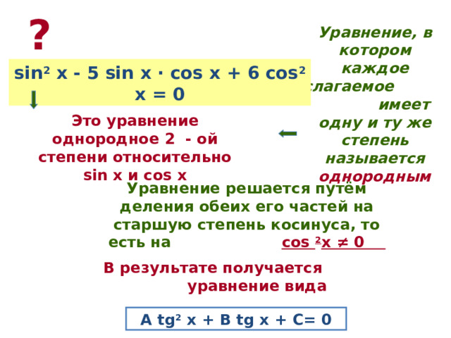 ? Уравнение, в котором каждое слагаемое имеет одну и ту же степень называется однородным sin 2 x - 5 sin x · cos x + 6 cos 2 x = 0 Это уравнение однородное 2 - ой степени относительно sin x и cos x Уравнение решается путём деления обеих его частей на старшую степень косинуса, то есть на  cos 2 x ≠ 0 В результате получается уравнение вида A tg 2 x + B tg x + C= 0
