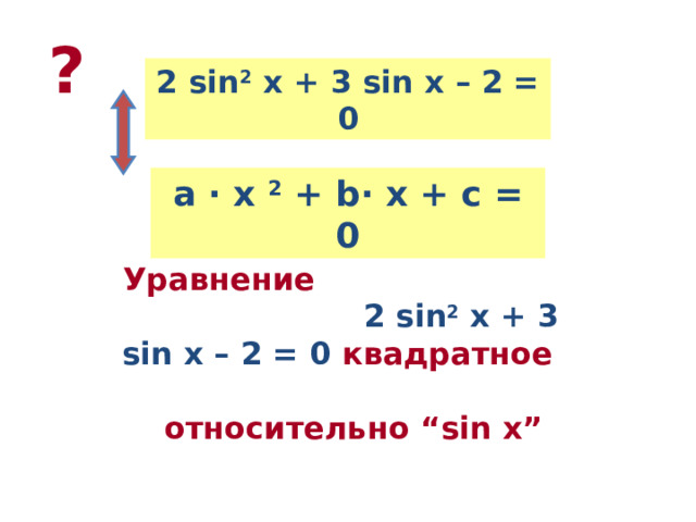 ? 2 sin 2 x + 3 sin x – 2 = 0 a · x 2 + b· x + c = 0 Уравнение 2 sin 2 x + 3 sin x – 2 = 0 квадратное относительно “sin x”