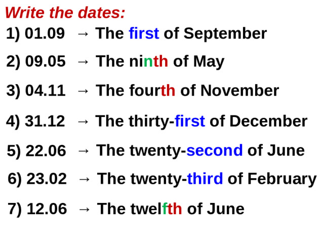 Write the dates: → The first of September 1) 01.09 → The ni n th  of May 2) 09.05 → The four th  of November 3) 04.11 → The thirty- first of December 4) 31.12 → The twenty- second of June 5) 22.06 → The twenty- third of February 6) 23.02 → The twel f th  of June 7) 12.06