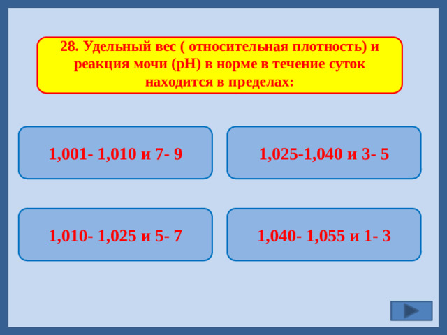 28. Удельный вес ( относительная плотность) и реакция мочи (pH) в норме в течение суток находится в пределах: 1,001- 1,010 и 7- 9 1,025-1,040 и 3- 5   1,040- 1,055 и 1- 3 1,010- 1,025 и 5- 7